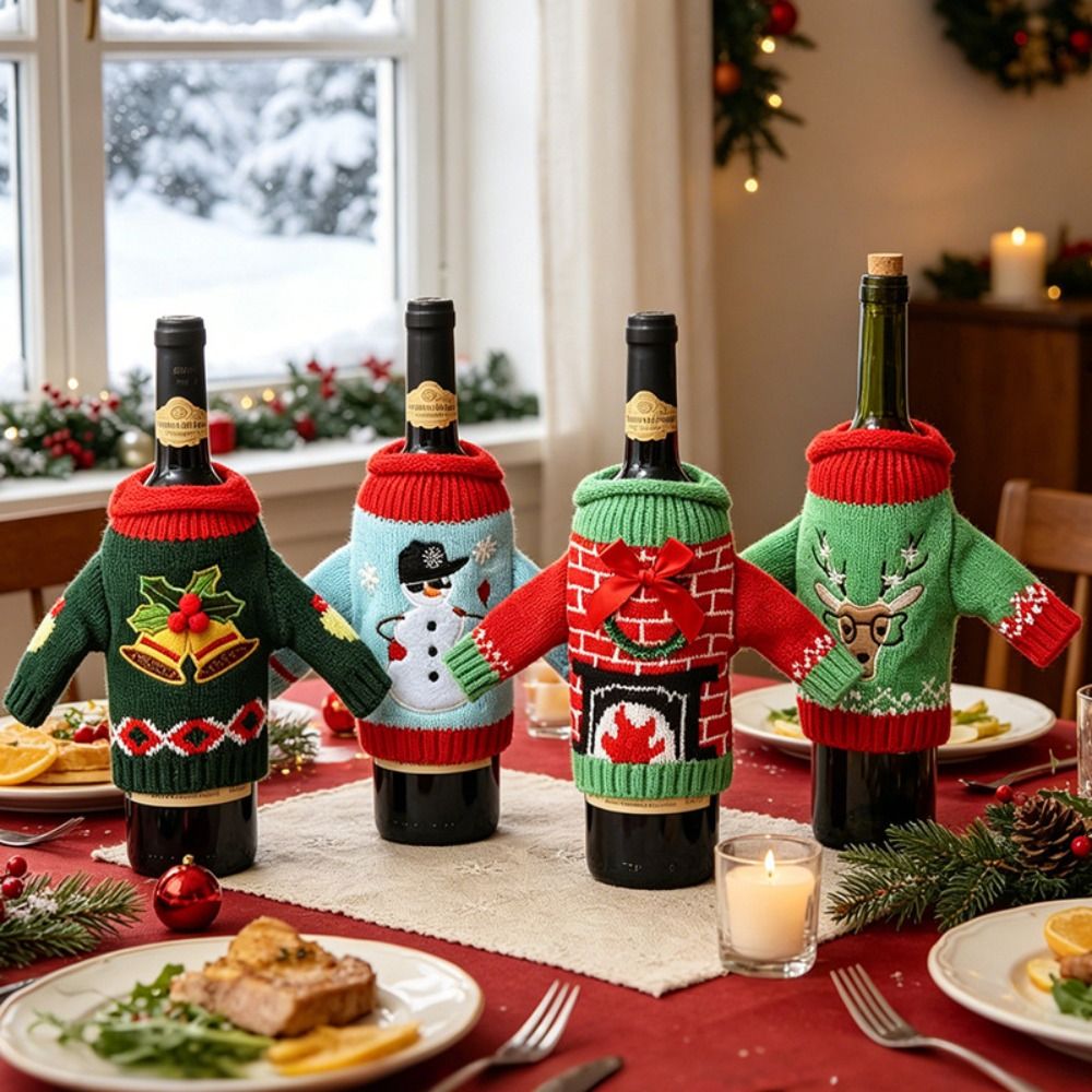 Wine Beer Hat - ปลอกหุ้มขวดไวน์ลายกวางเรนเดียร์ ลายเกล็ดหิมะ พร้อมหมวกซานต้าจิ๋ว ปลอกหุ้มขวดถักลายคริสต์มาส ปลอกหุ้มแบบใช้ซ้ำได้ ปลอกหุ้มขวดเบียร์ลายซานต้าคลอส